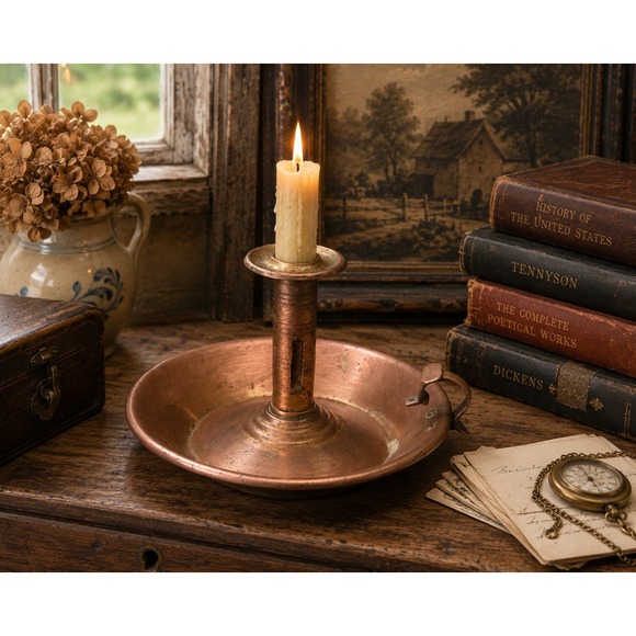 Unbranded Other - Antique Copper Chamberstick Candle Holder with Push Up Mechanism and Finger Loop